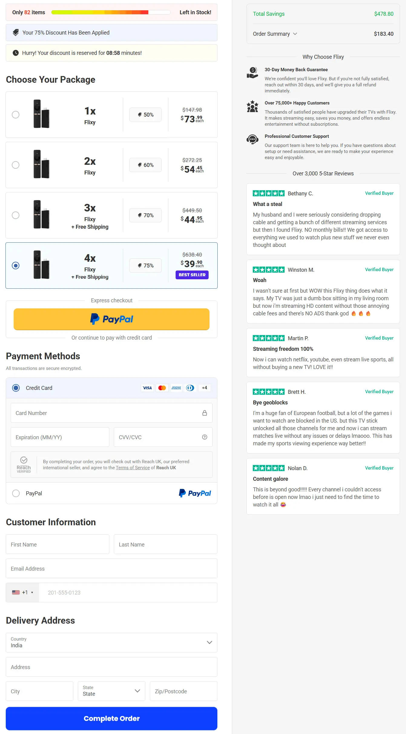 Flixy TV Stick secure checkout page